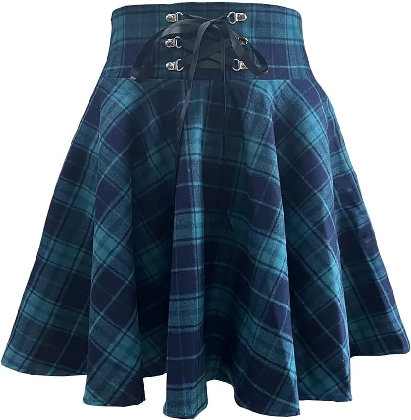 Women's Punk High Adjustable Waisted A-line Flare Gothic Mini Plaid Ruffle Pleated Skirt