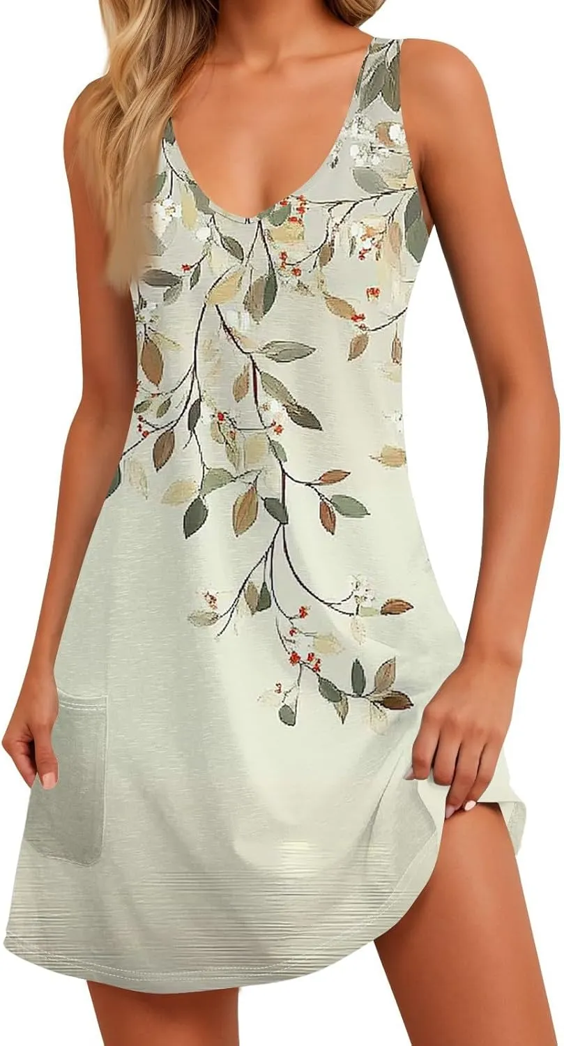 Women's Summer Dresses Beach Printed Swimsuit Coverup Vacation 2025 Sundress V Neck Sleeveless Dress with Pocket