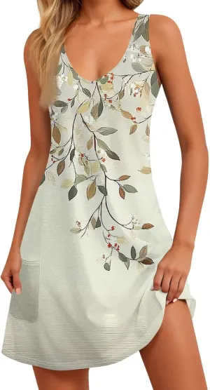 Women's Summer Dresses Beach Printed Swimsuit Coverup Vacation 2025 Sundress V Neck Sleeveless Dress with Pocket