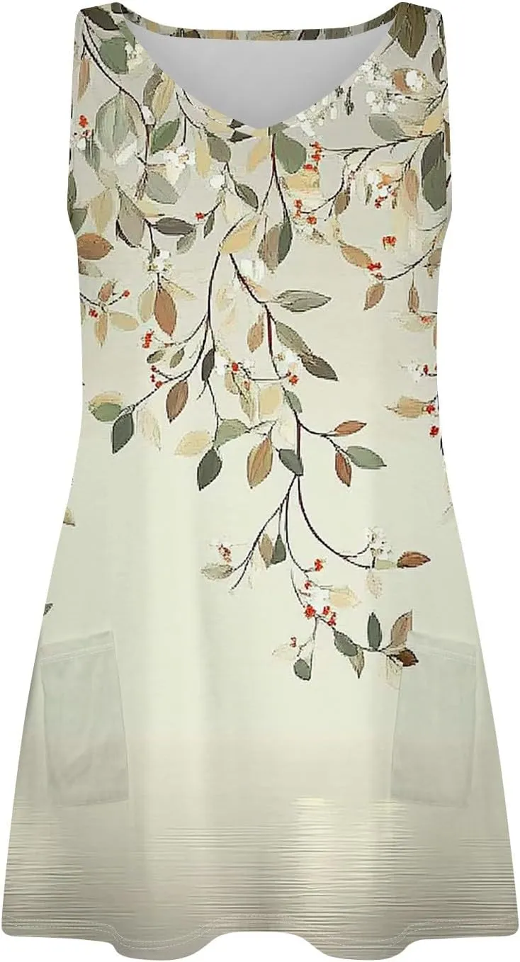 Women's Summer Dresses Beach Printed Swimsuit Coverup Vacation 2025 Sundress V Neck Sleeveless Dress with Pocket