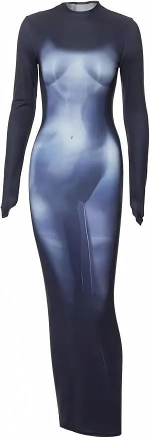 Y2K 3D Body Print Maxi Dress Women Aesthetic Long Sleeve Unique Sexy Body-Shaping Robe Party Clubwear Clothing